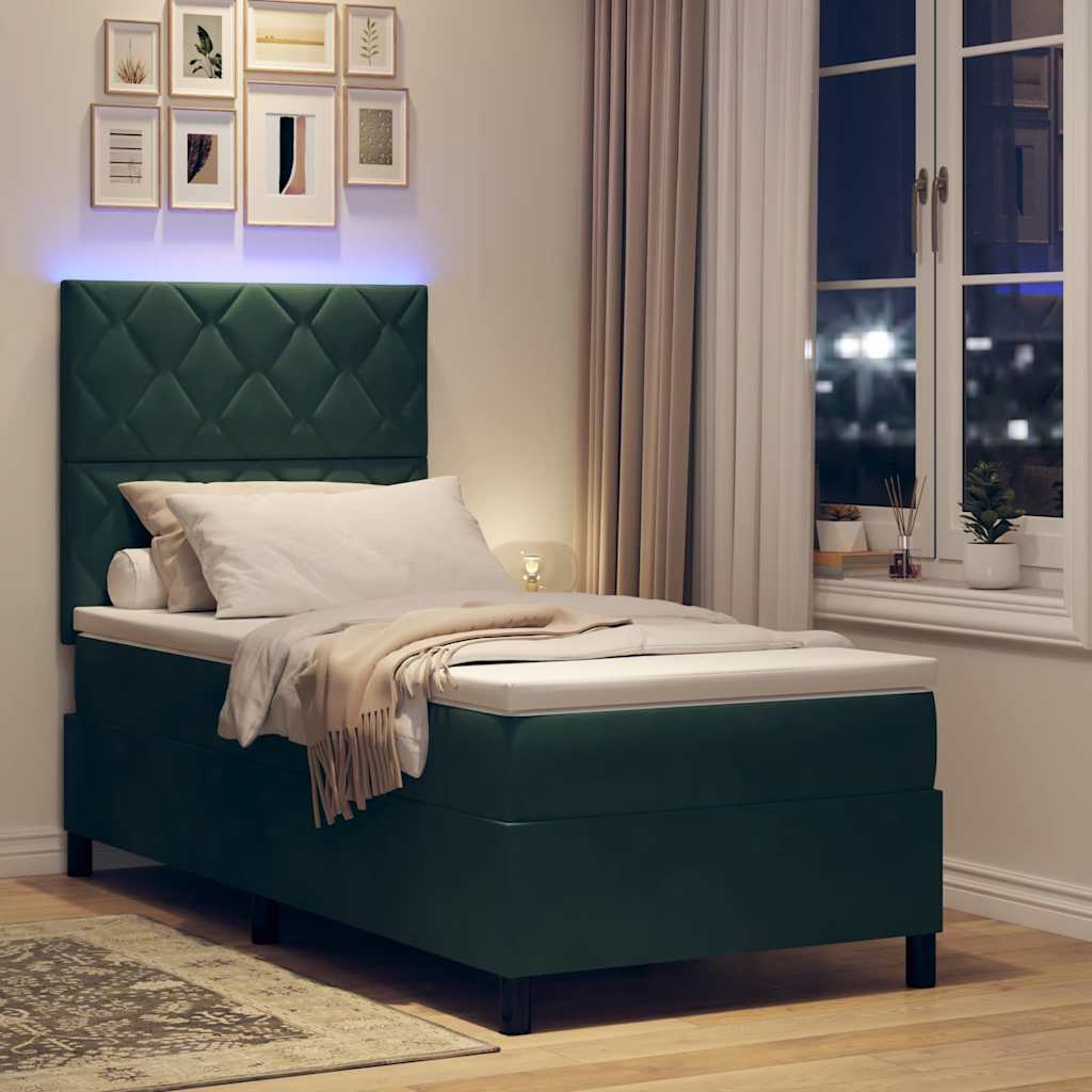 LED Box Spring Ágy fejtámlával Sötétzöld 90 x 200 cm Bársony