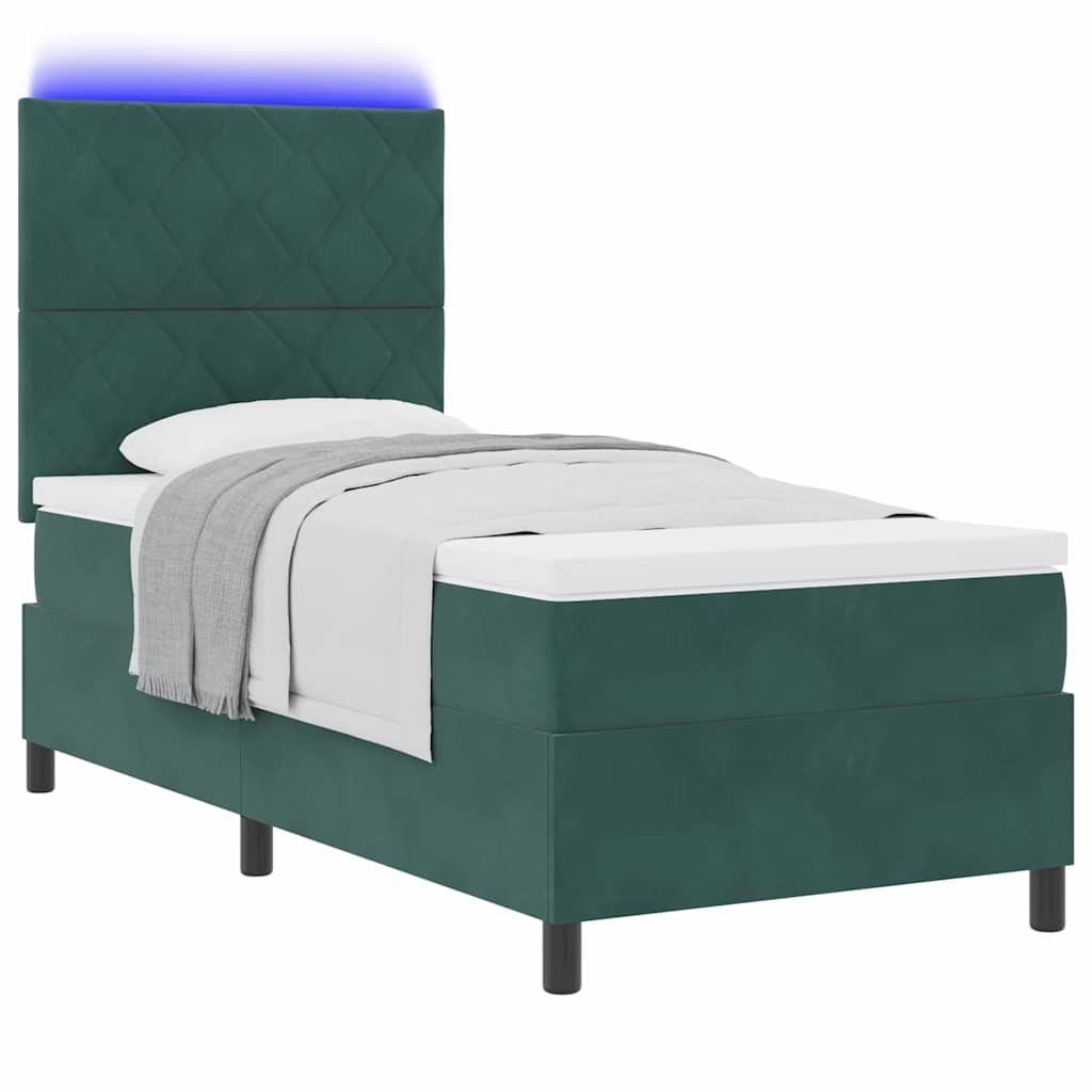 LED Box Spring Ágy fejtámlával Sötétzöld 90 x 200 cm Bársony