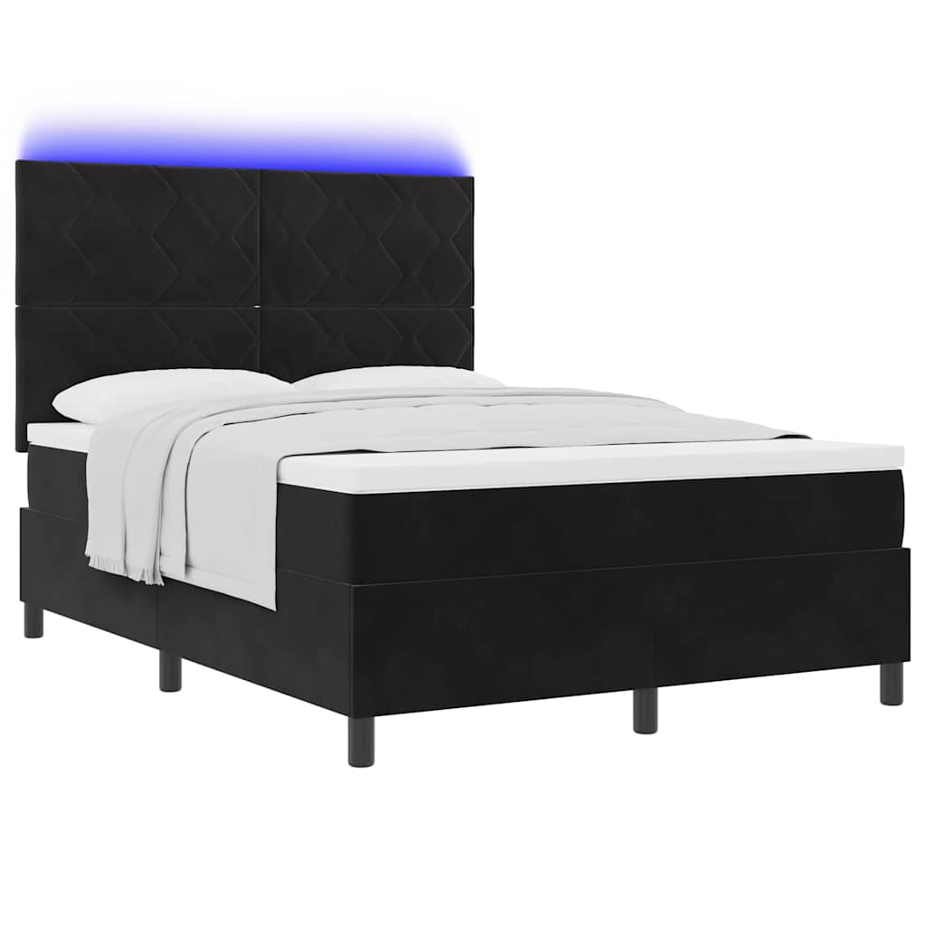 LED Box Spring Ágy fejtámlával Fekete 140 x 200 cm Bársony