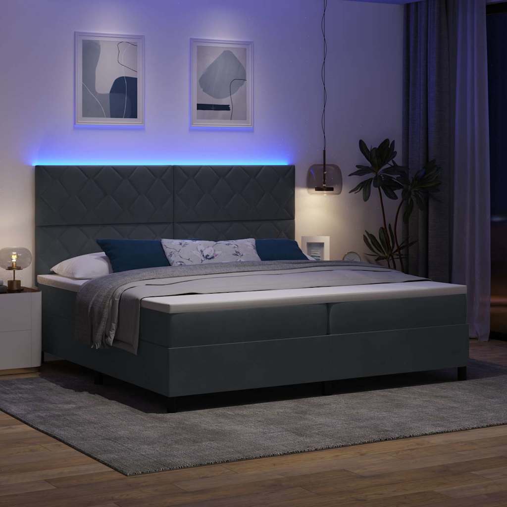 LED Box Spring Ágy fejtámlával Sötétszürke 200 x 200 cm Bársony