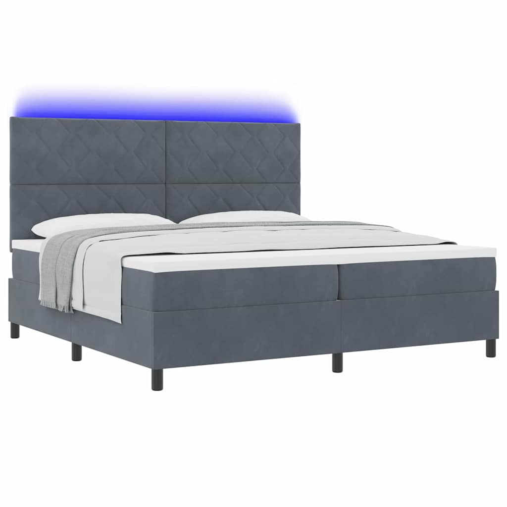 LED Box Spring Ágy fejtámlával Sötétszürke 200 x 200 cm Bársony