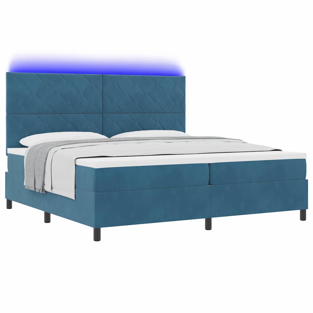 LED Box Spring Ágy fejtámlával Sötét kék 200 x 200 cm Bársony
