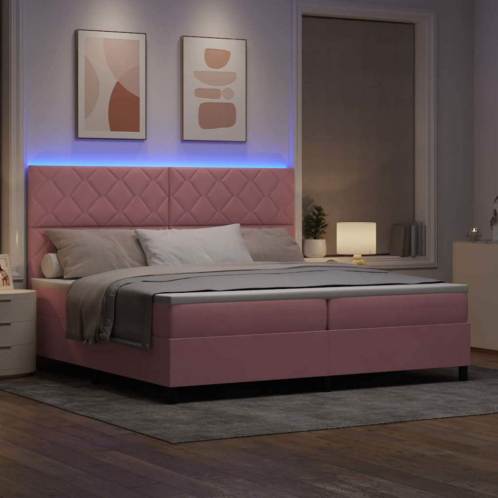 LED Box Spring Ágy fejtámlával Rózsaszín 200 x 200 cm Bársony