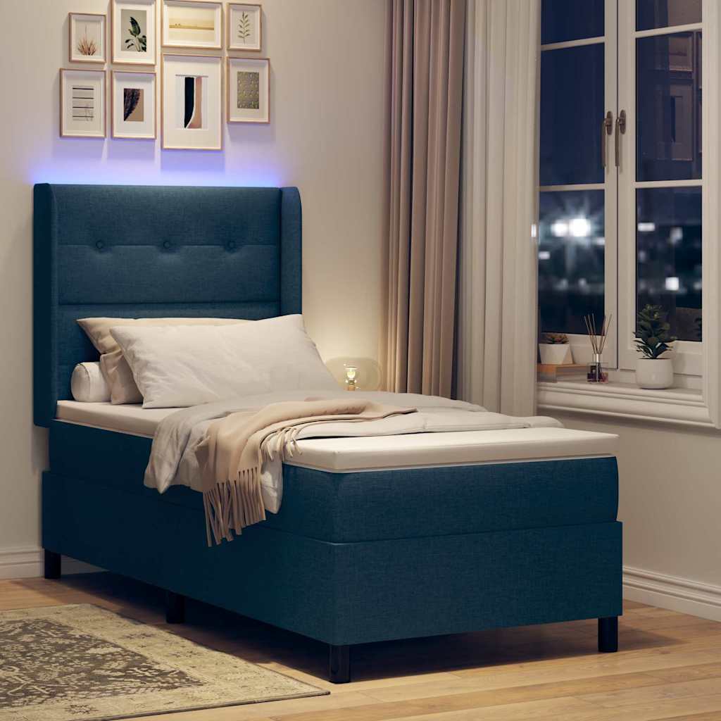 LED Box Spring Ágy fejtámlával Kék 90 x 200 cm szövet