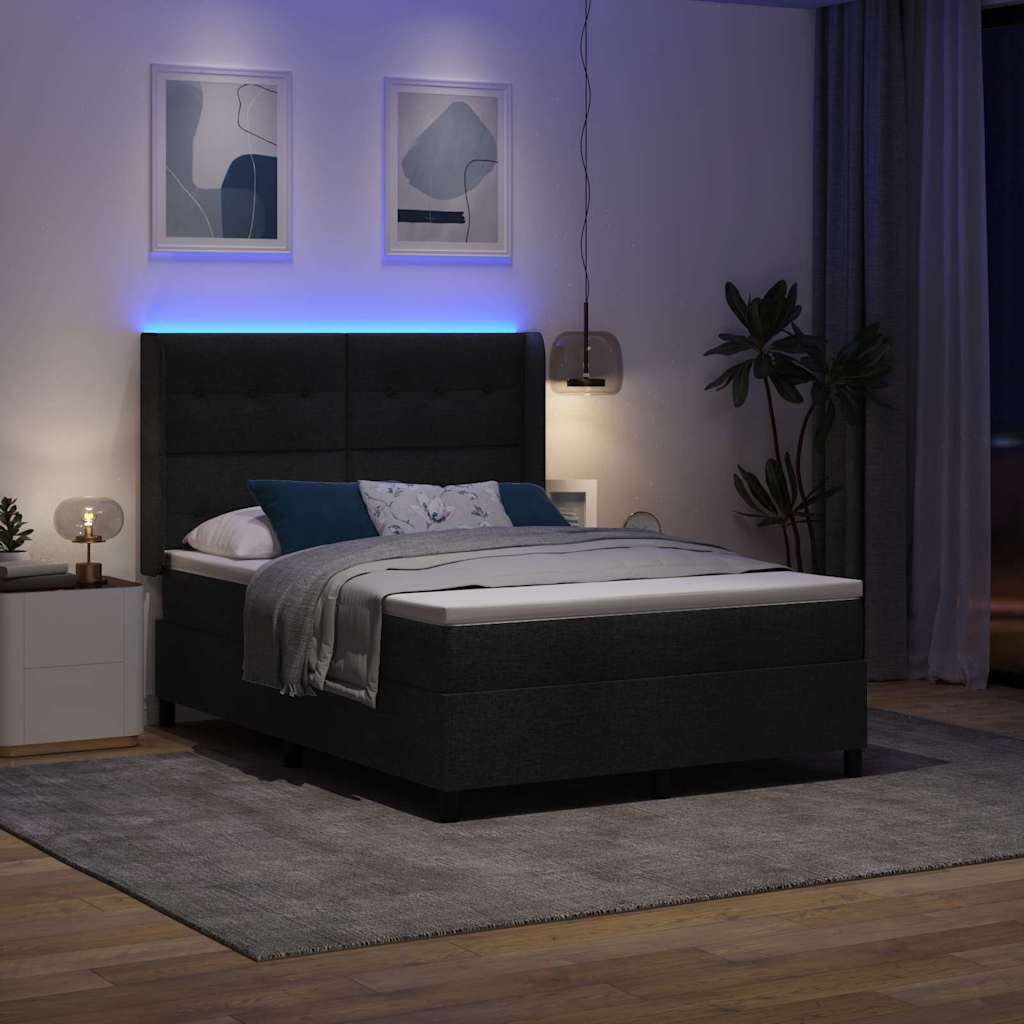 LED Box Spring Ágy fejtámlával Fekete 140 x 190 cm szövet