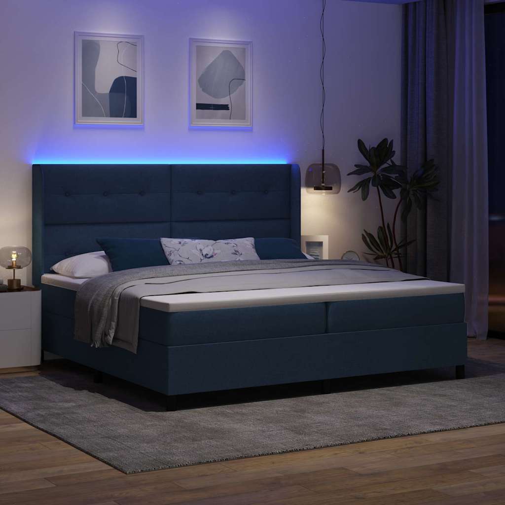LED Box Spring Ágy fejtámlával Kék 200 x 200 cm szövet