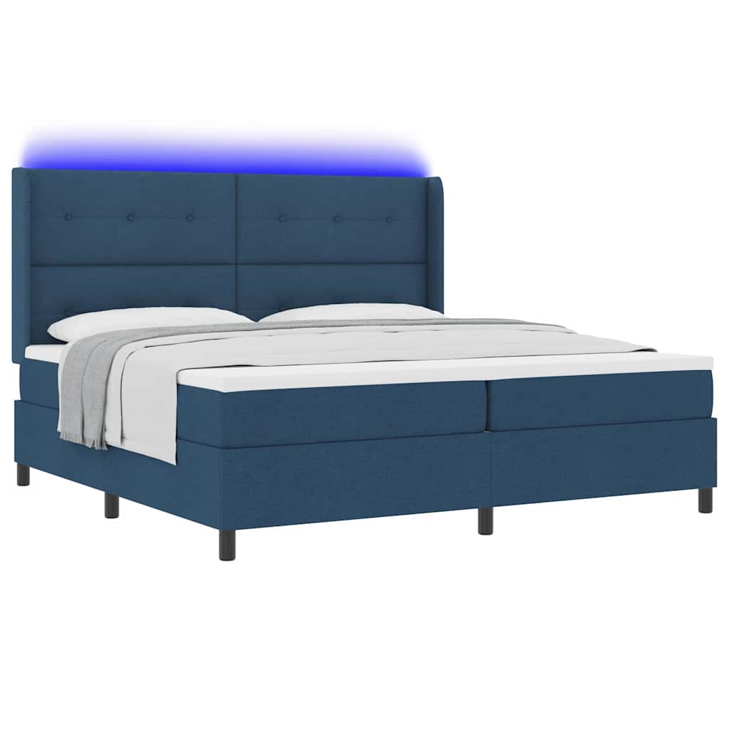 LED Box Spring Ágy fejtámlával Kék 200 x 200 cm szövet
