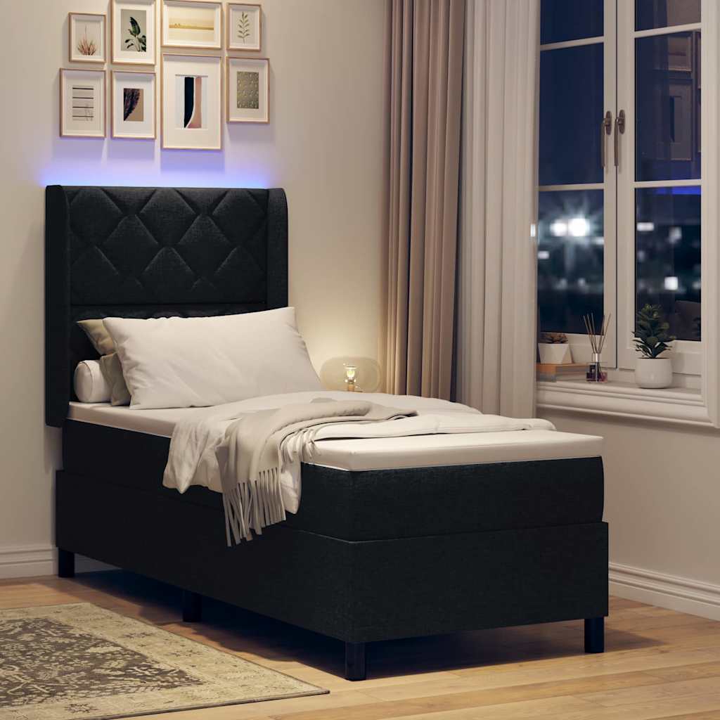 LED Box Spring Ágy fejtámlával Fekete 90 x 190 cm szövet