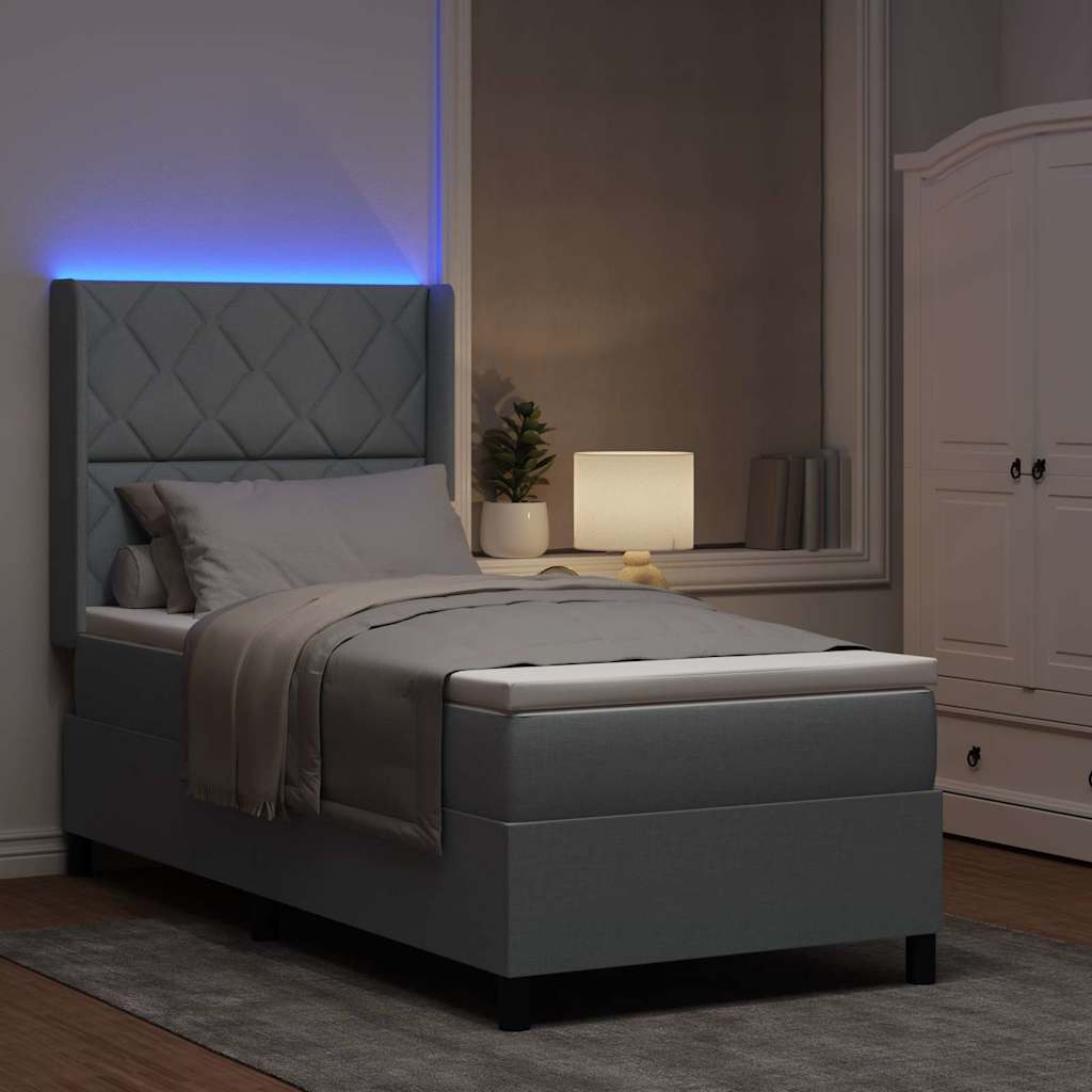 LED Box Spring Ágy fejtámlával Világosszürke 90 x 200 cm szövet