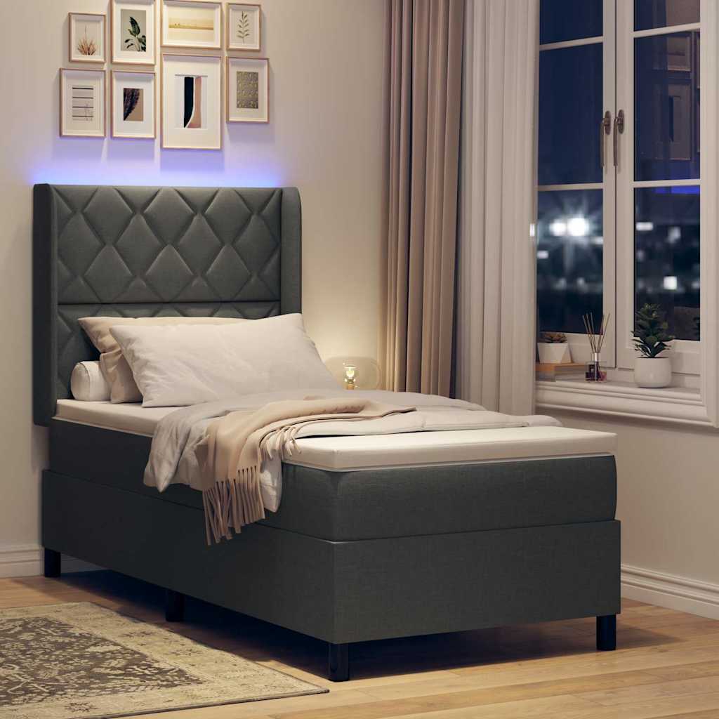 LED Box Spring Ágy fejtámlával Sötétszürke 90 x 200 cm szövet