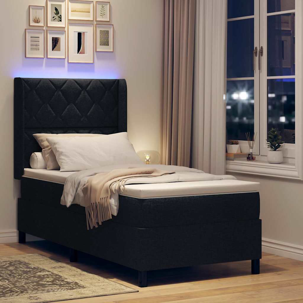 LED Box Spring Ágy fejtámlával Fekete 90 x 200 cm szövet