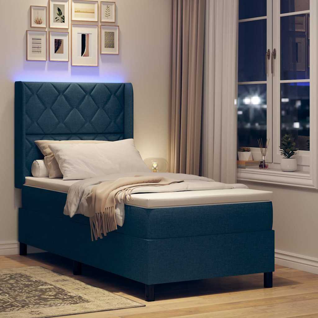 LED Box Spring Ágy fejtámlával Kék 100 x 200 cm szövet