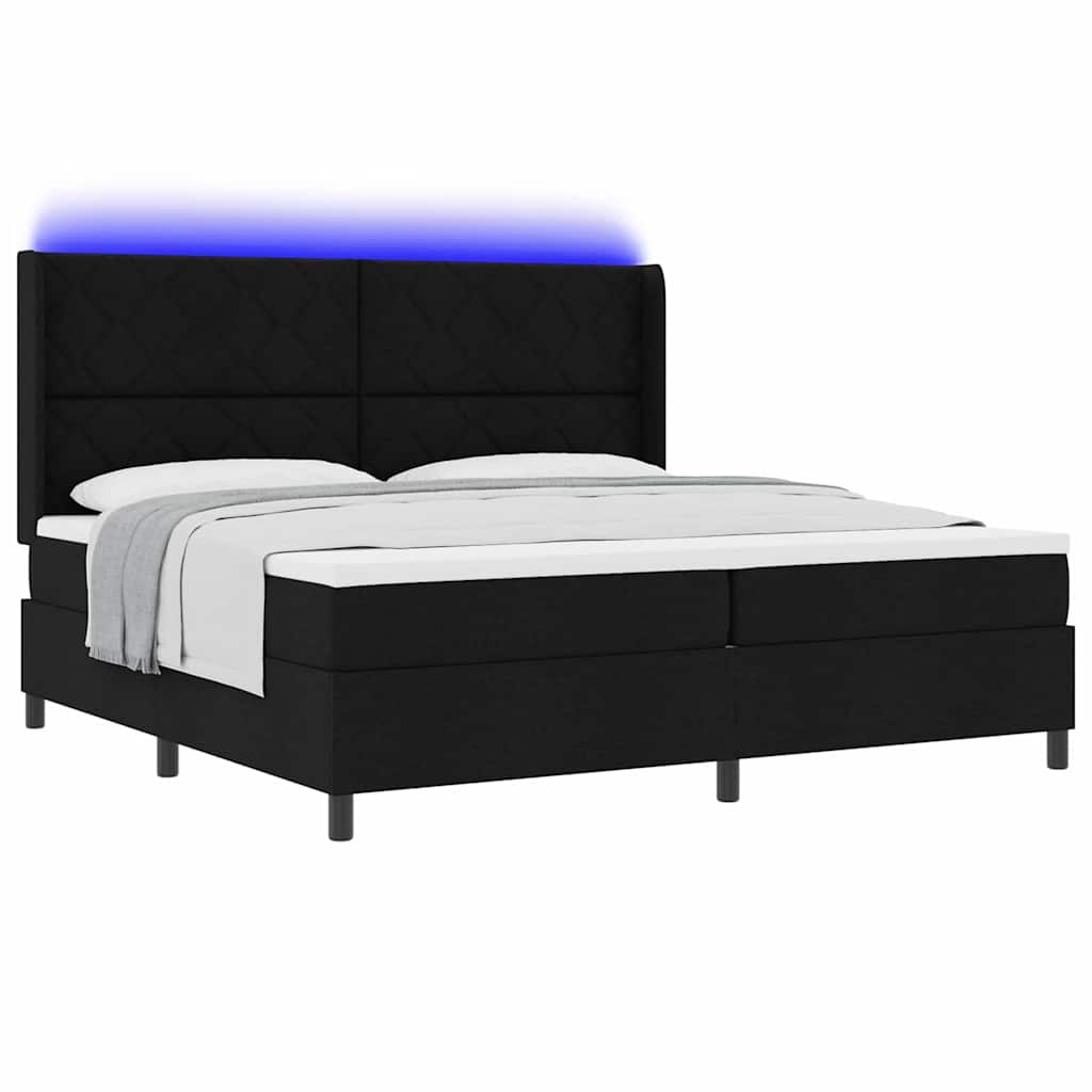 LED Box Spring Ágy fejtámlával Fekete 200 x 200 cm szövet