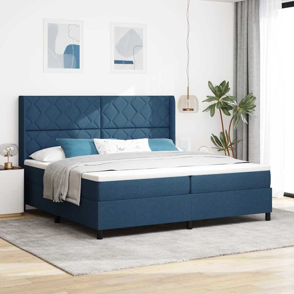 LED Box Spring Ágy fejtámlával Kék 200 x 200 cm szövet