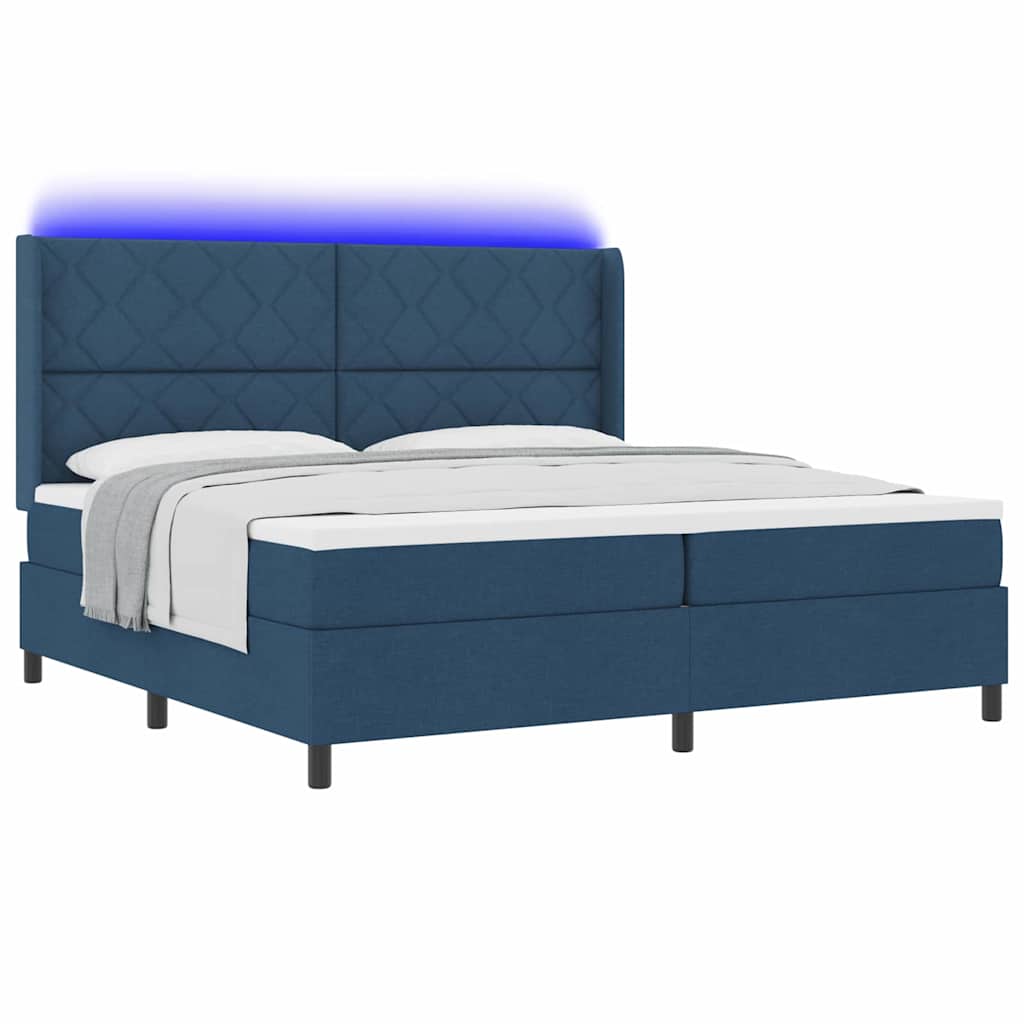 LED Box Spring Ágy fejtámlával Kék 200 x 200 cm szövet