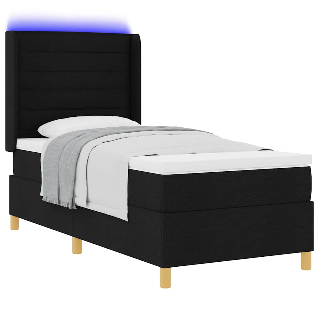 Boxrugós ágy LED szalagokkal Fekete 90 x 200 cm szövet