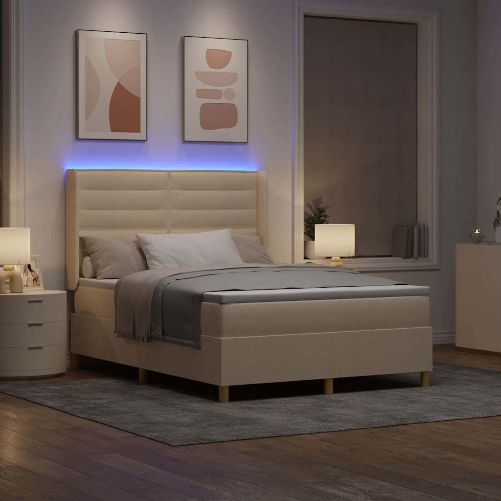 Boxrugós ágy LED szalagokkal Krém 140 x 190 cm szövet