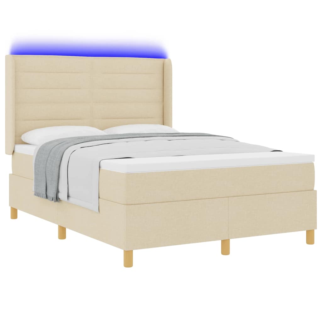 Boxrugós ágy LED szalagokkal Krém 140 x 190 cm szövet