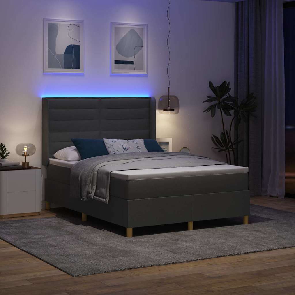 Boxrugós ágy LED szalagokkal Szürke 140 x 200 cm szövet