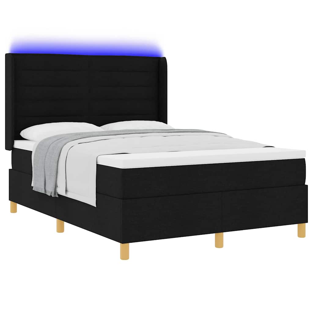 Boxrugós ágy LED szalagokkal Fekete 160 x 200 cm szövet