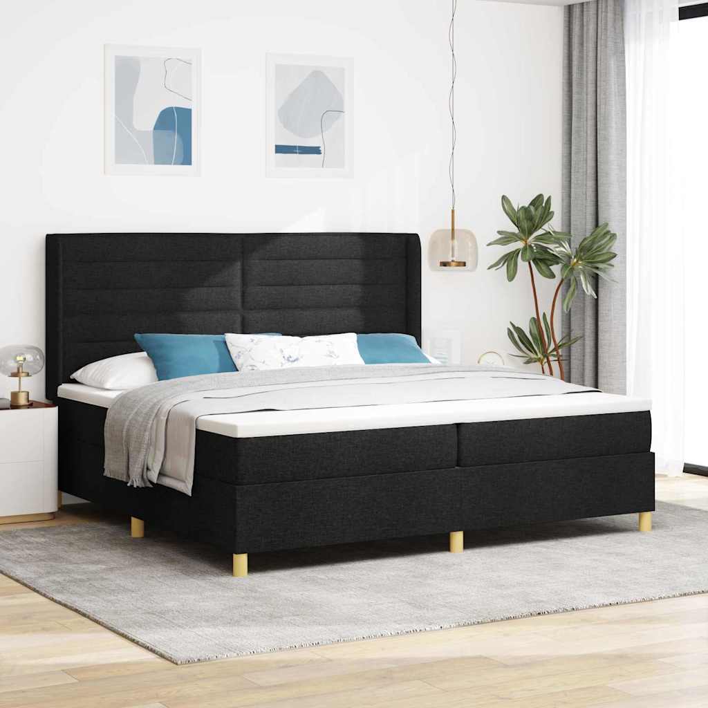 Boxrugós ágy matracmal leddel Fekete 200 x 200 cm szövet