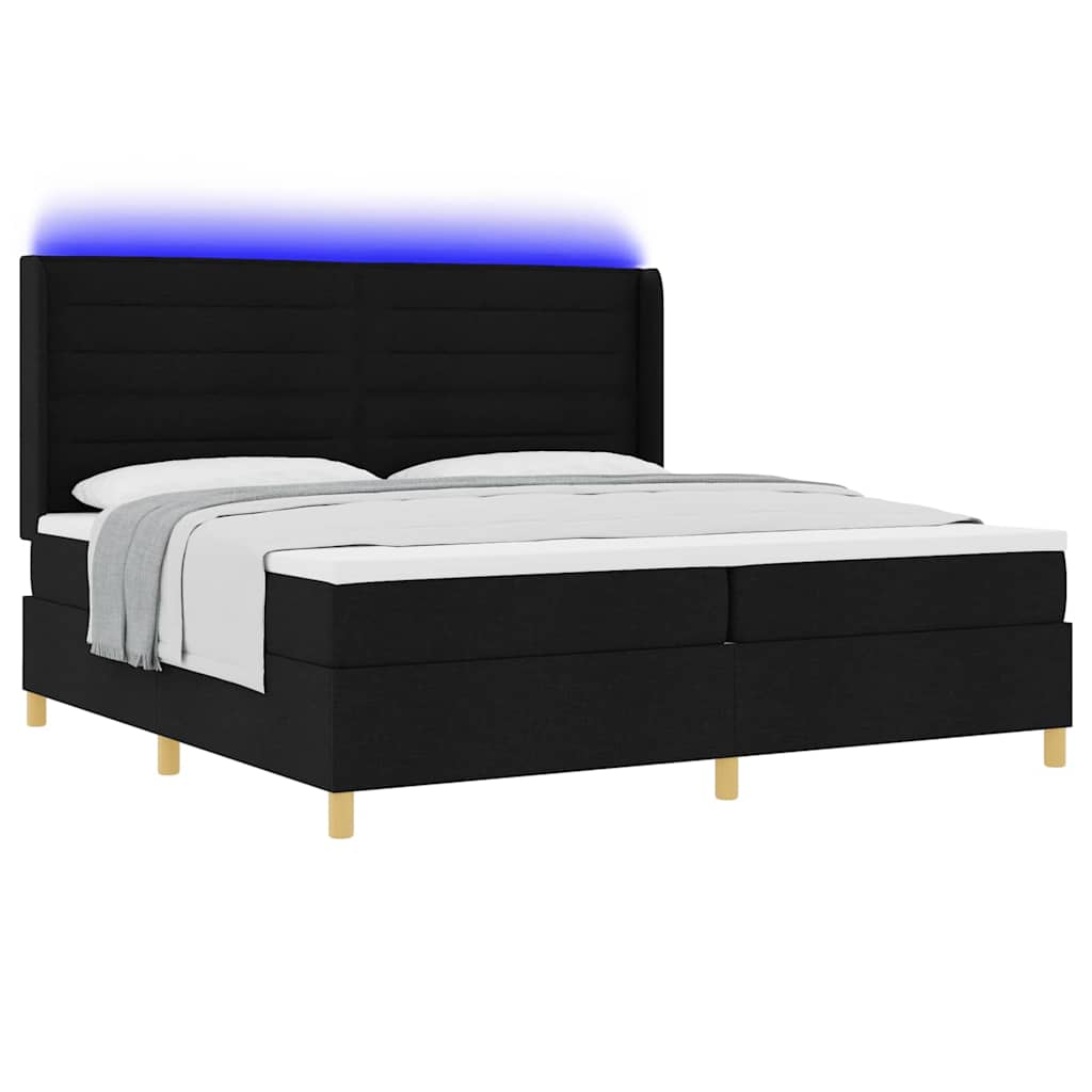 Boxrugós ágy matracmal leddel Fekete 200 x 200 cm szövet