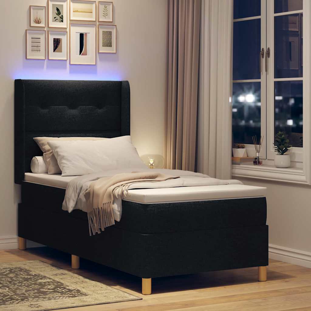 Boxrugós ágy LED szalagokkal Fekete 80 x 200 cm szövet