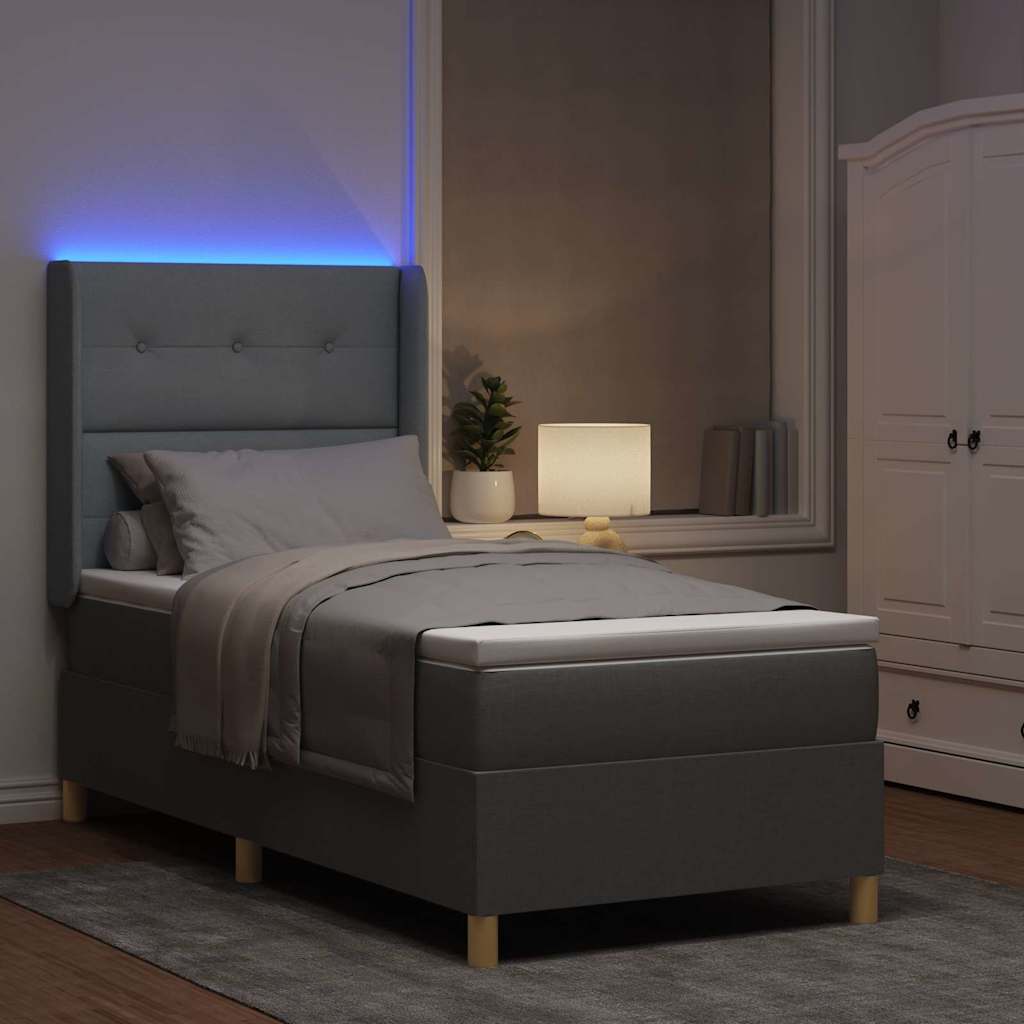 Boxrugós ágy LED szalagokkal Világosszürke 90 x 200 cm szövet