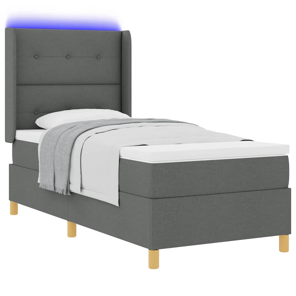 Boxrugós ágy LED szalagokkal Szürke 90 x 200 cm szövet