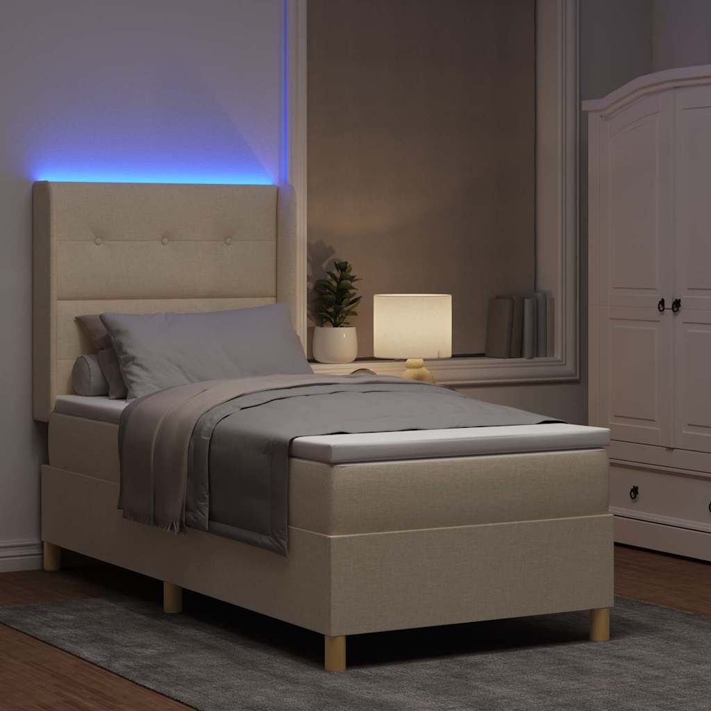 Boxrugós ágy LED szalagokkal Krém 90 x 200 cm szövet