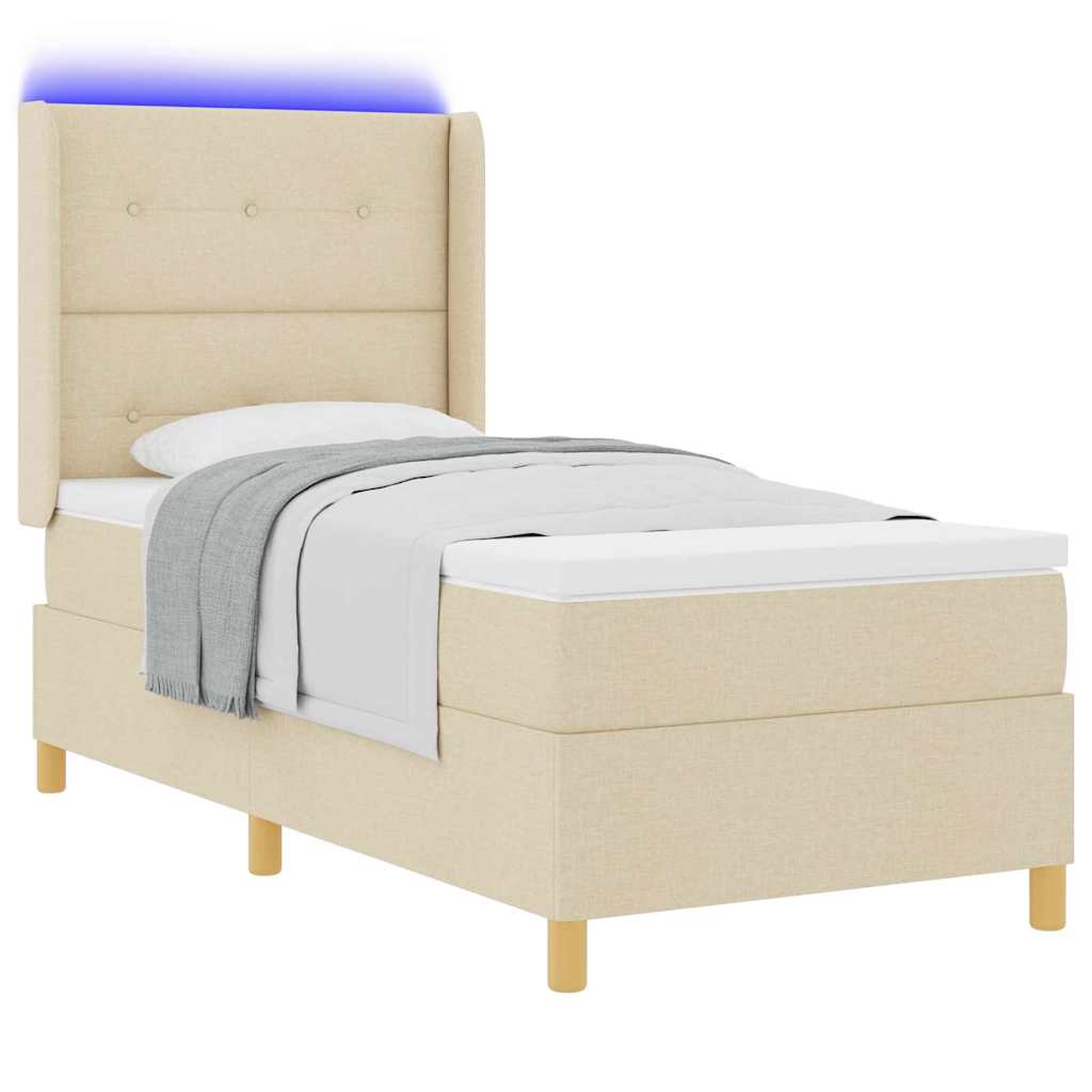 Boxrugós ágy LED szalagokkal Krém 90 x 200 cm szövet