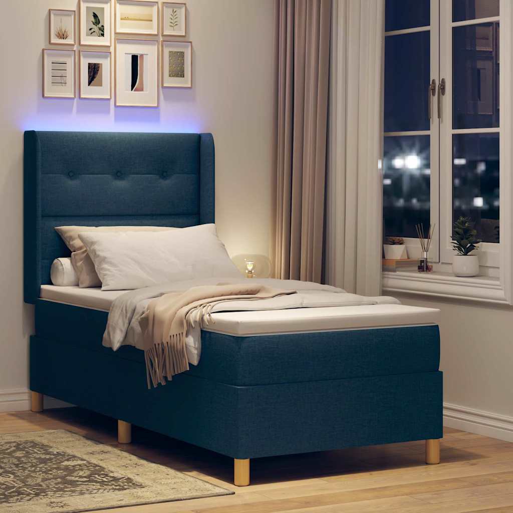 Boxrugós ágy LED szalagokkal fejtámlával Kék 90 x 200 cm szövet
