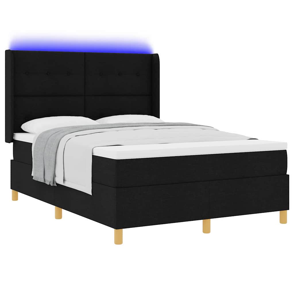 Boxrugós ágy LED szalagokkal Fekete 140 x 190 cm szövet