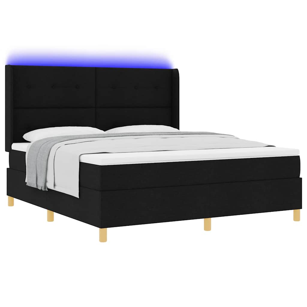 Boxrugós ágy LED szalagokkal Fekete 180 x 200 cm szövet