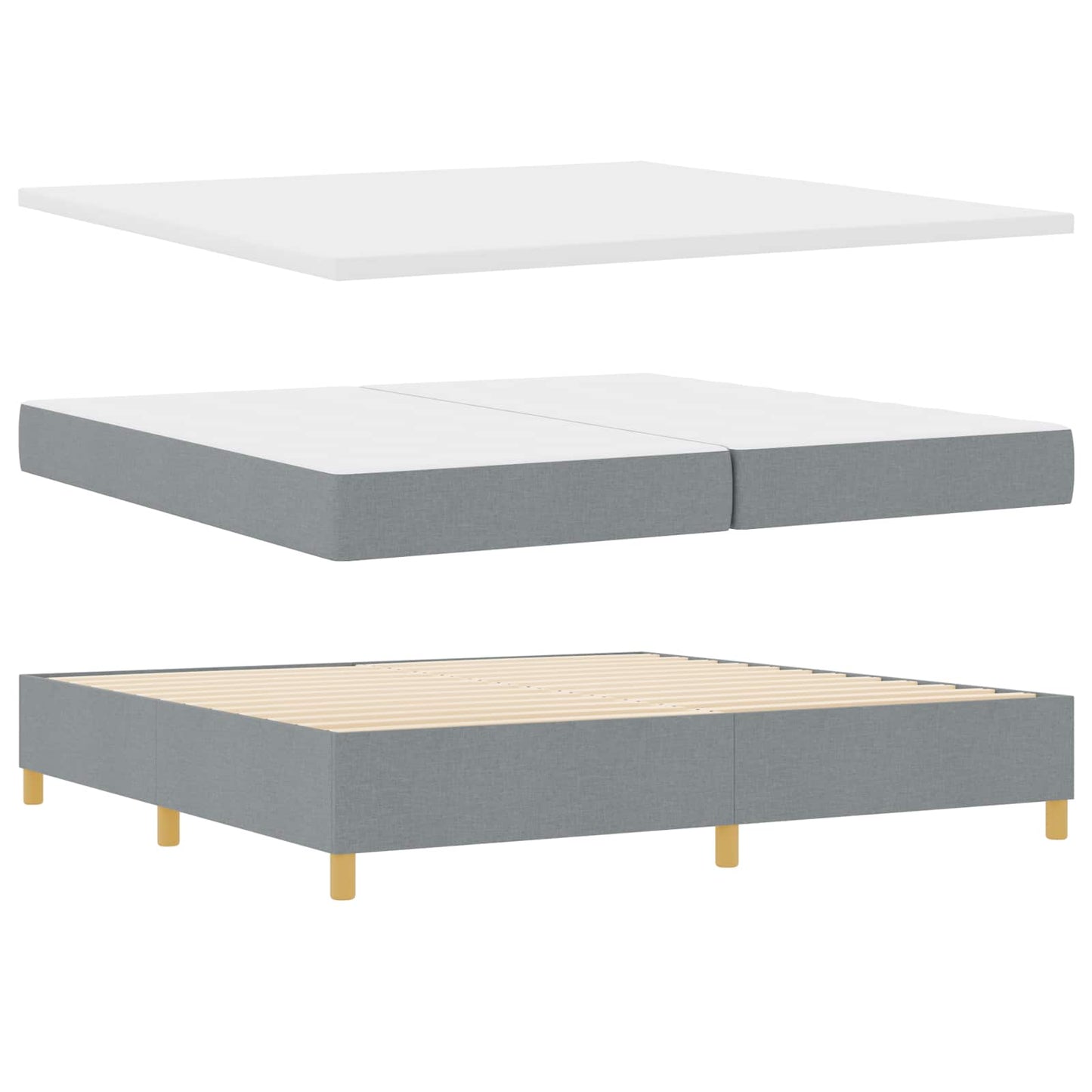 Boxrugós ágy LED szalagokkal Világosszürke 200 x 200 cm szövet