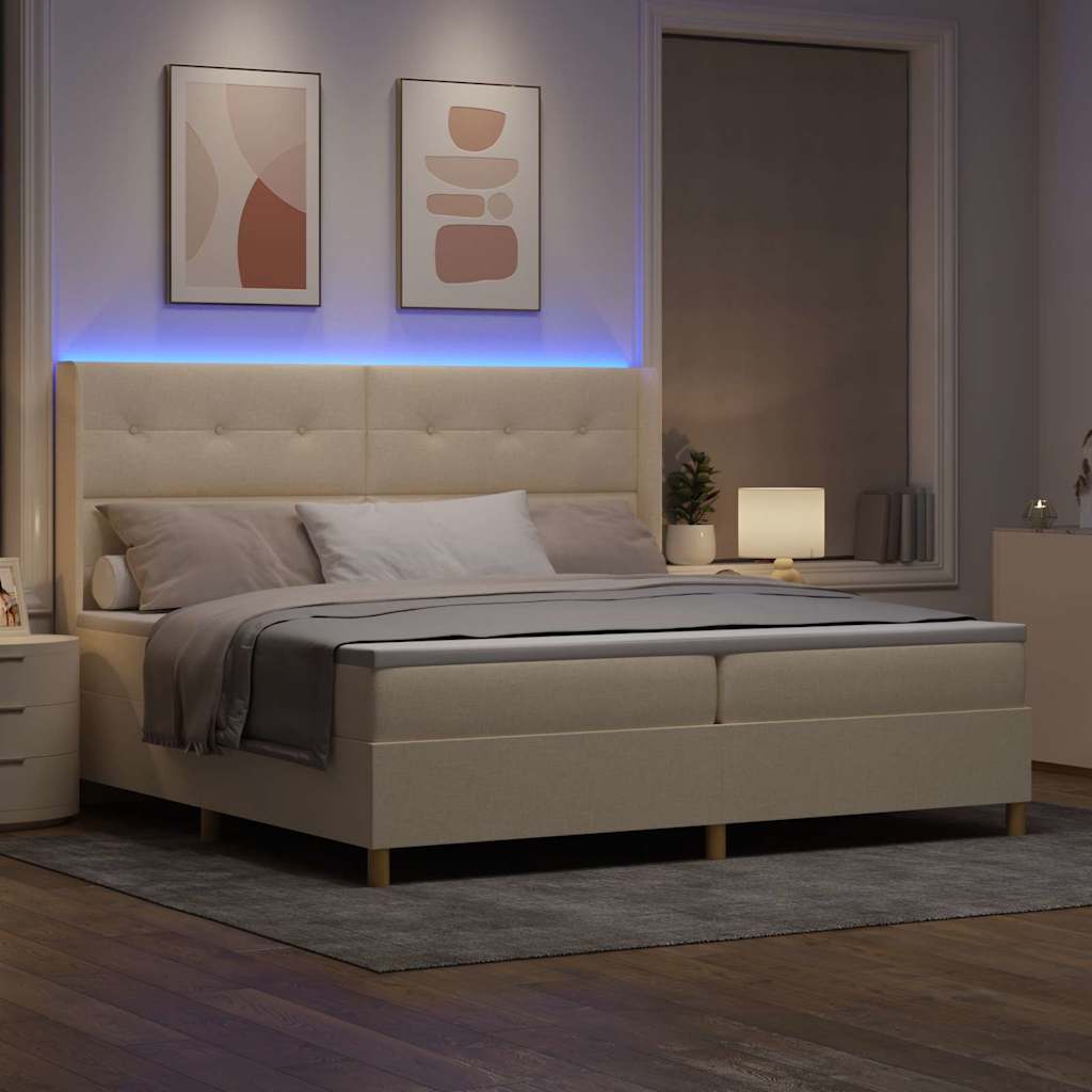 Boxrugós ágy LED szalagokkal Krém 200 x 200 cm szövet
