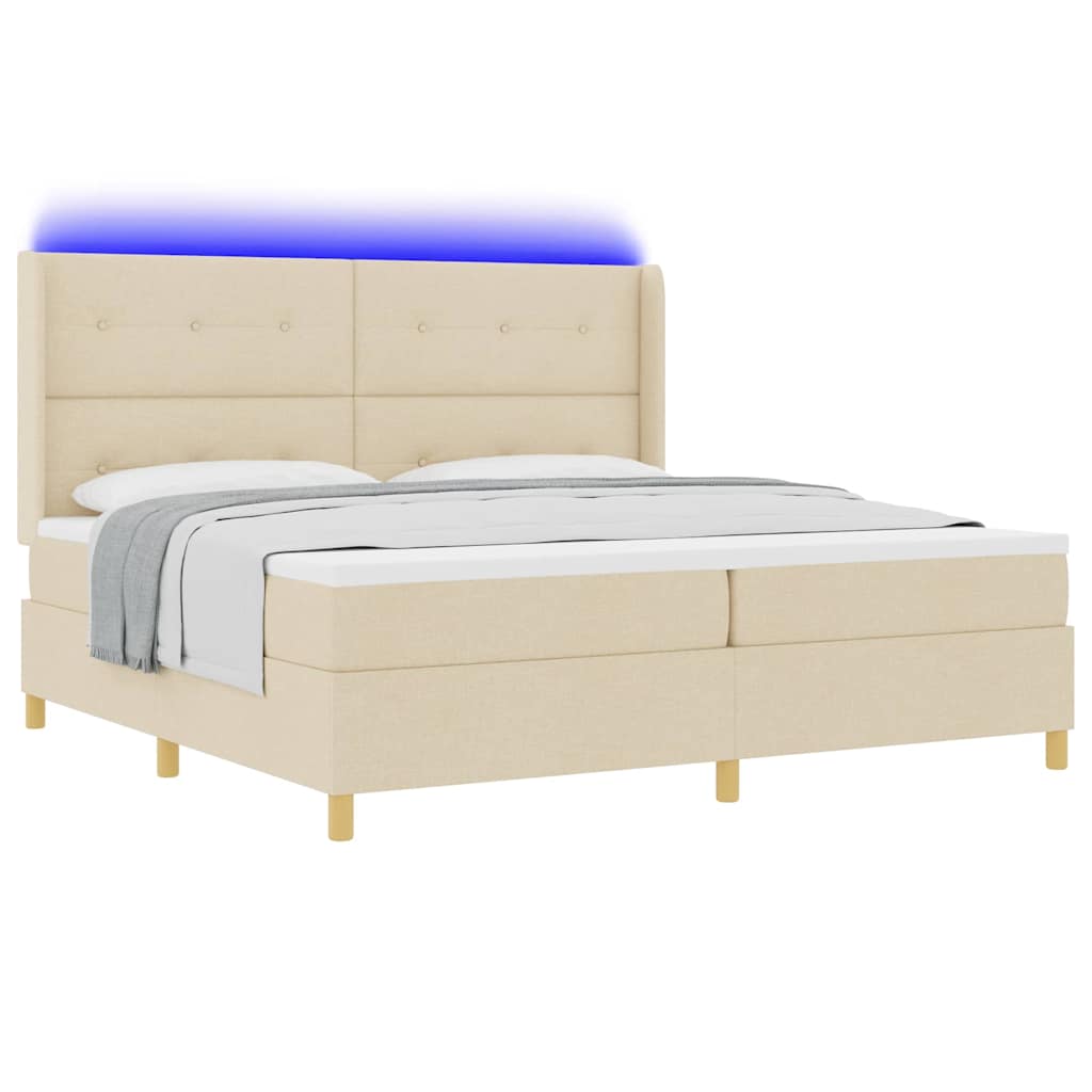 Boxrugós ágy LED szalagokkal Krém 200 x 200 cm szövet