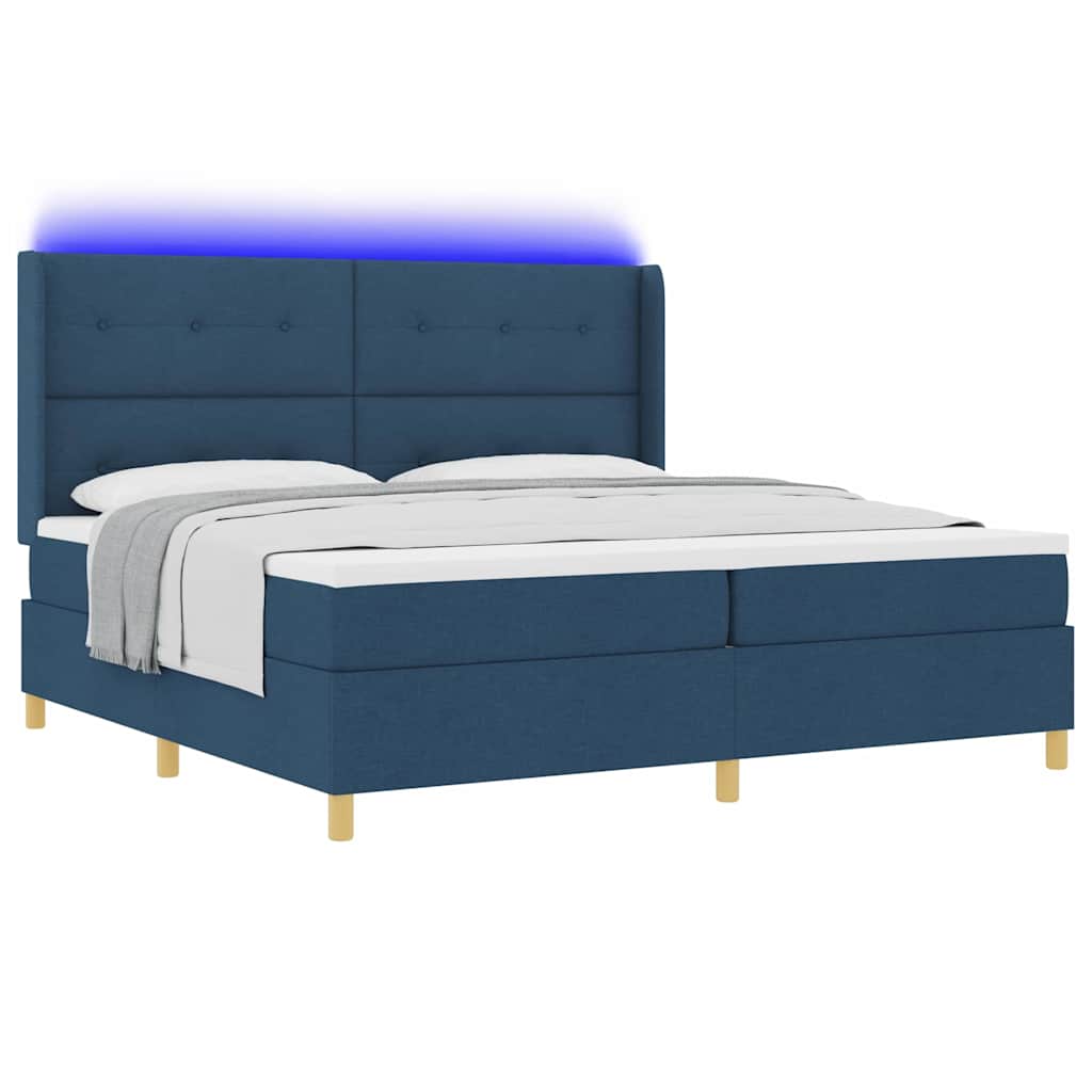 Boxrugós ágy LED szalagokkal Kék 200 x 200 cm szövet