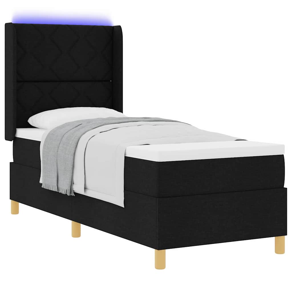 Boxrugós ágy LED szalagokkal Fekete 80 x 200 cm szövet