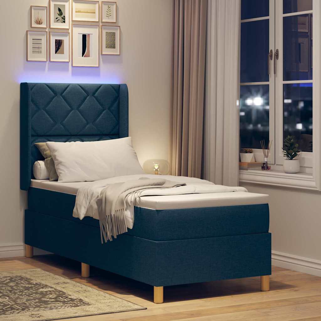 Boxrugós ágy LED szalagokkal fejtámlával Kék 80 x 200 cm szövet