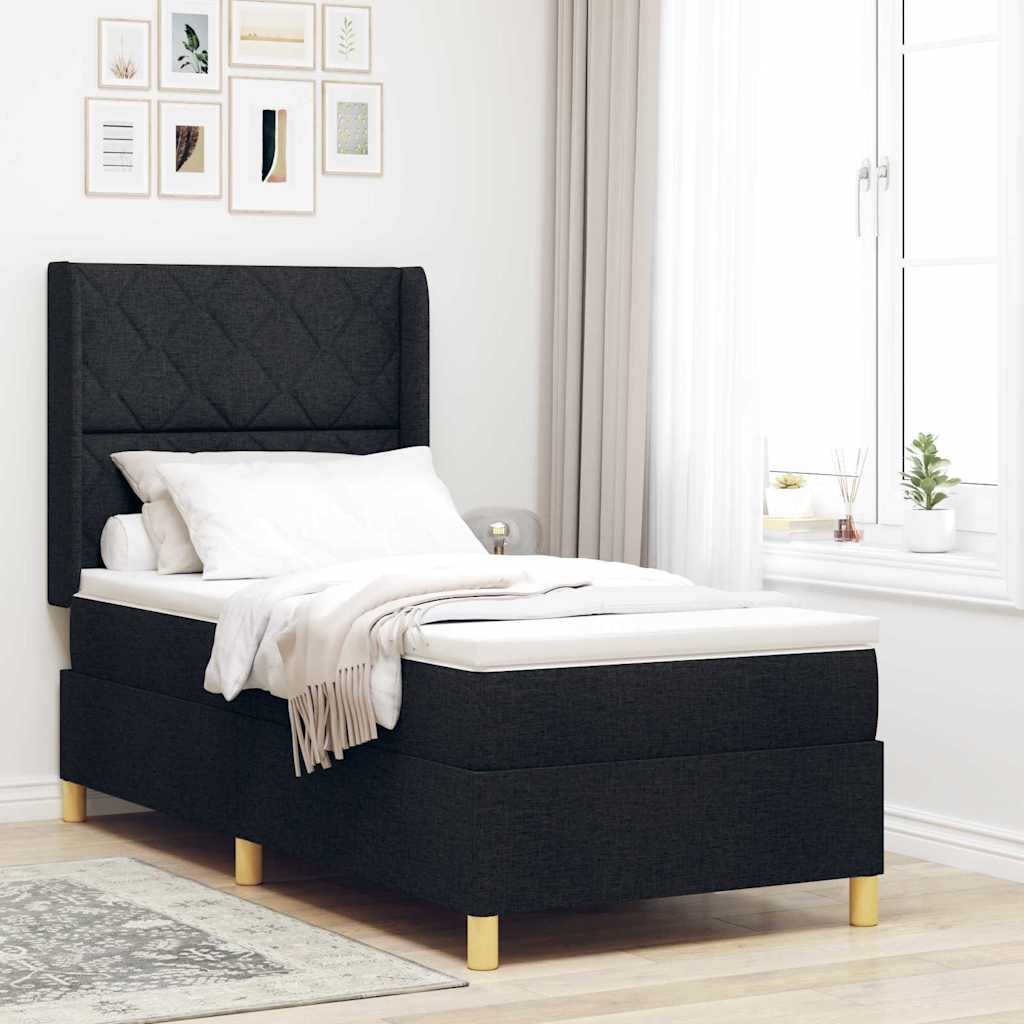 Boxrugós ágy LED szalagokkal Fekete 90 x 190 cm szövet