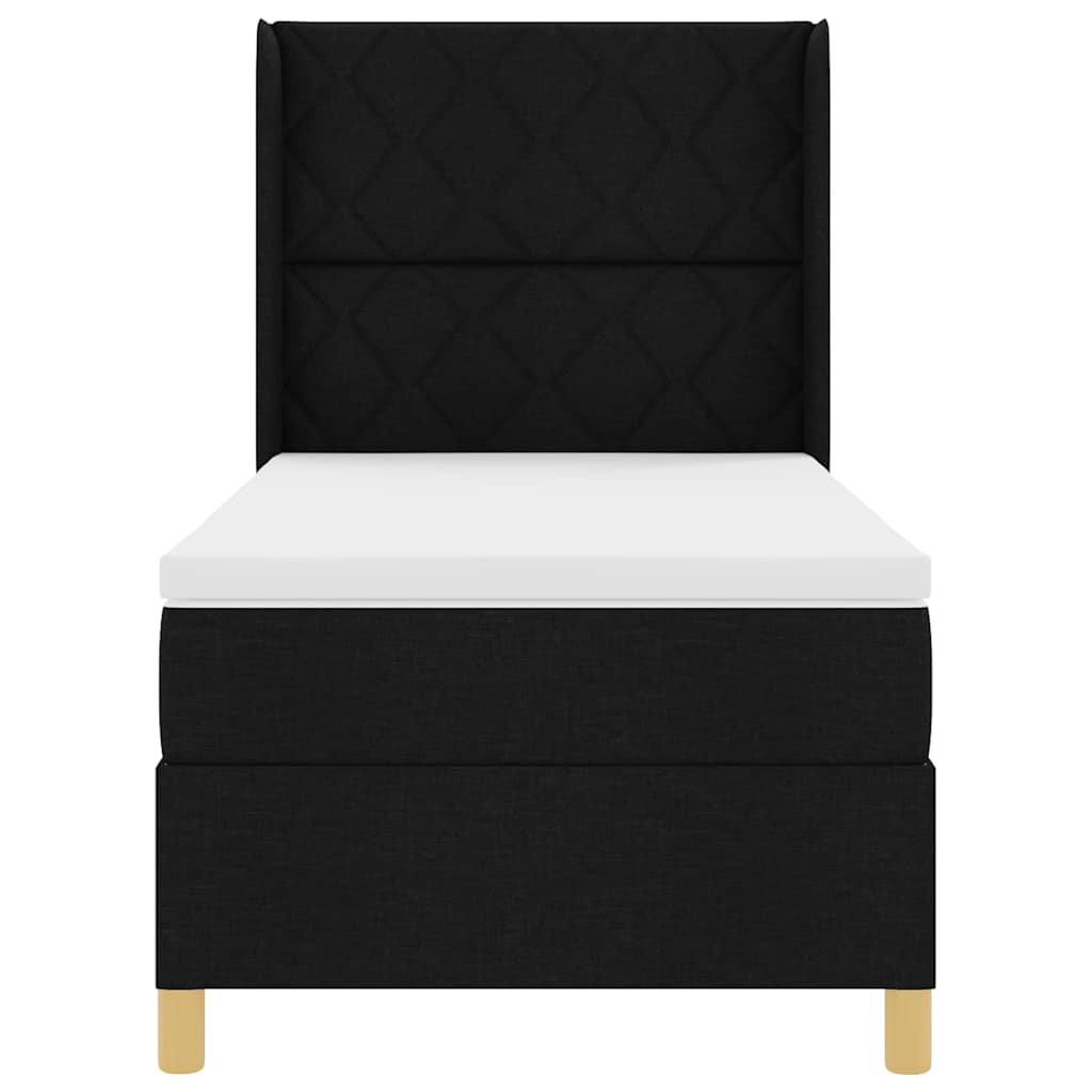 Boxrugós ágy LED szalagokkal Fekete 90 x 190 cm szövet
