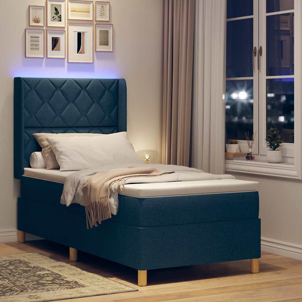 Boxrugós ágy LED szalagokkal fejtámlával Kék 90 x 190 cm szövet