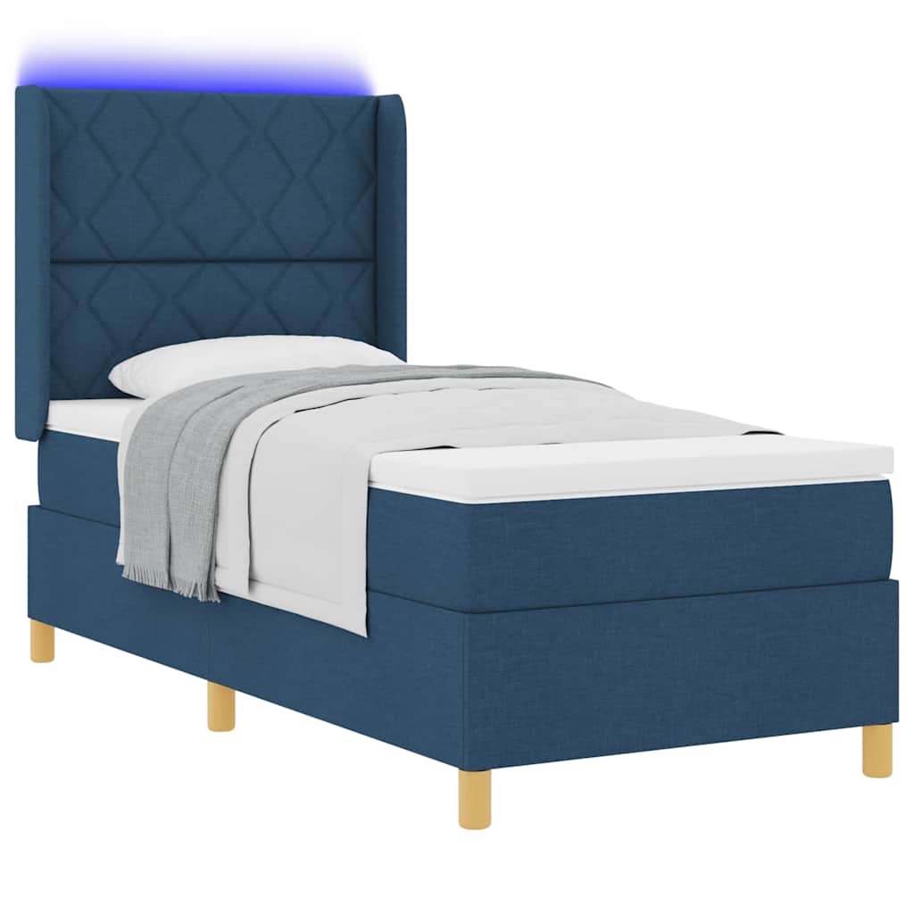 Boxrugós ágy LED szalagokkal fejtámlával Kék 90 x 190 cm szövet