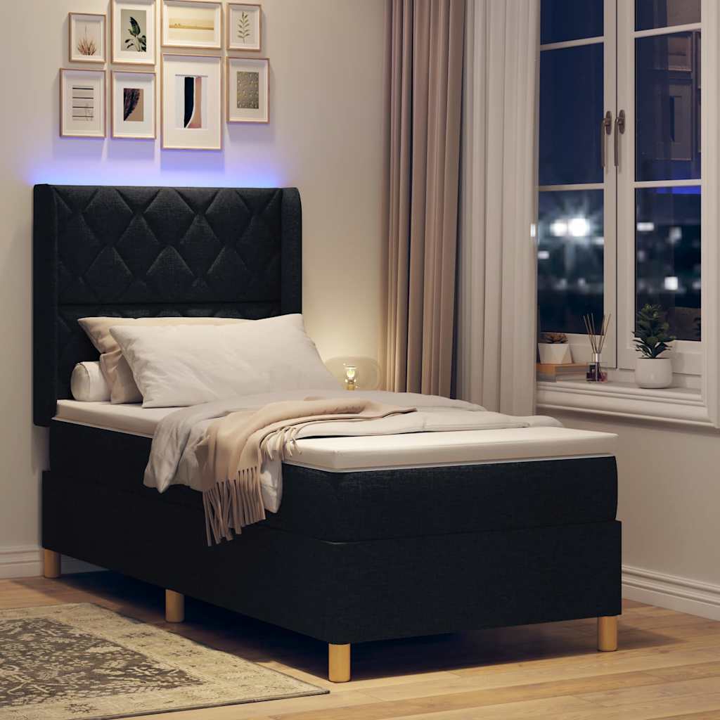 Boxrugós ágy LED szalagokkal Fekete 90 x 200 cm szövet