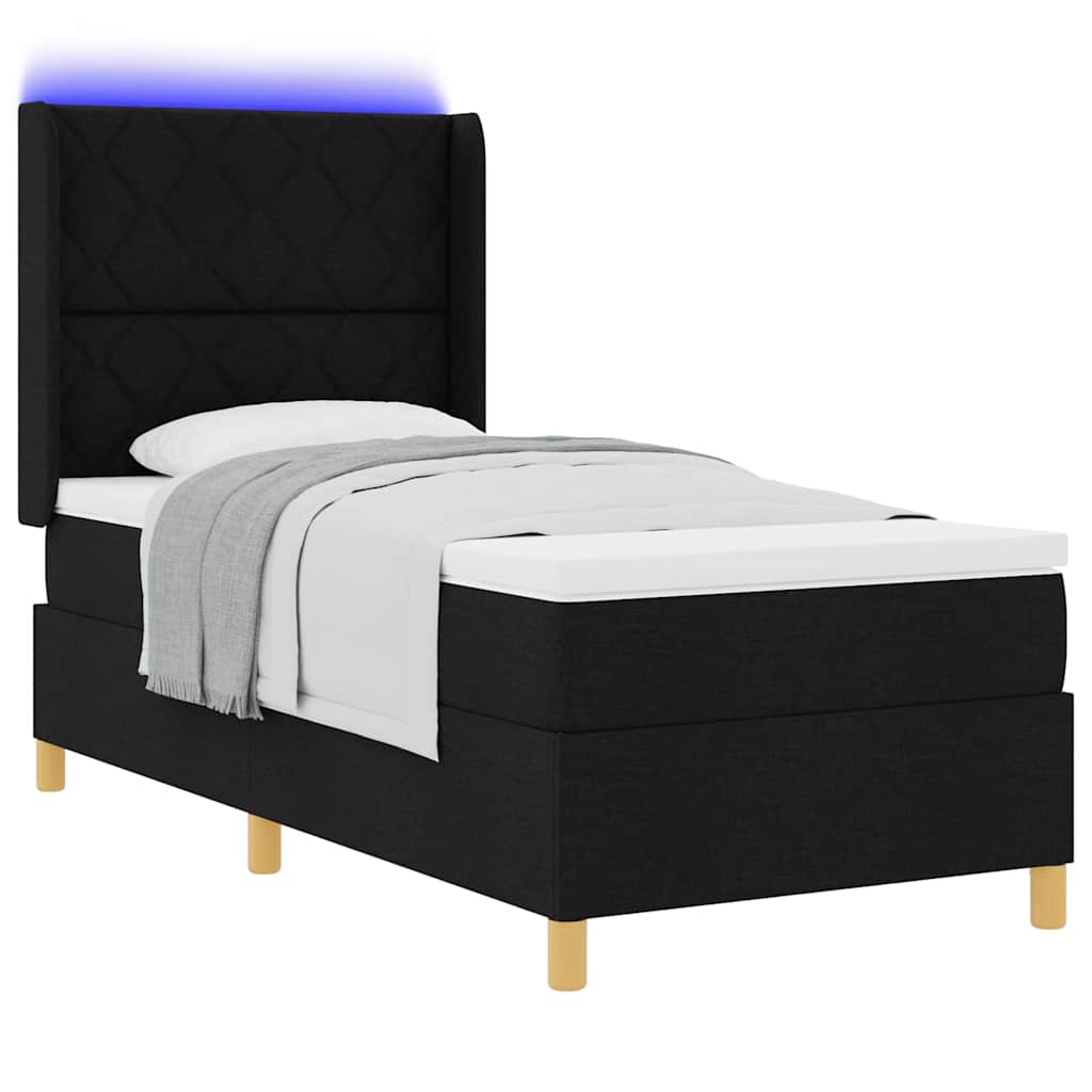 Boxrugós ágy LED szalagokkal Fekete 90 x 200 cm szövet