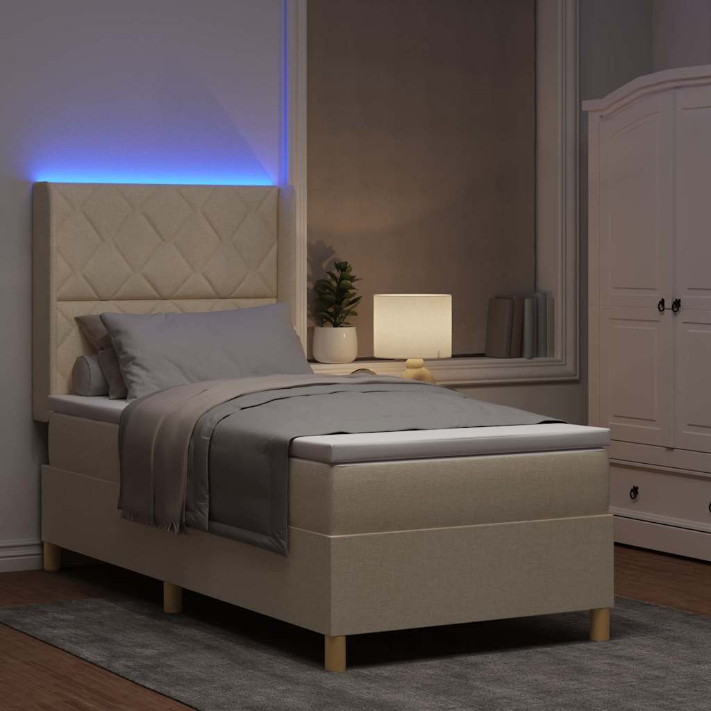 Boxrugós ágy LED szalagokkal Krém 90 x 200 cm szövet