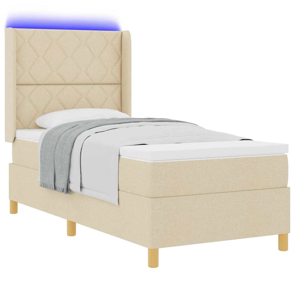 Boxrugós ágy LED szalagokkal Krém 90 x 200 cm szövet