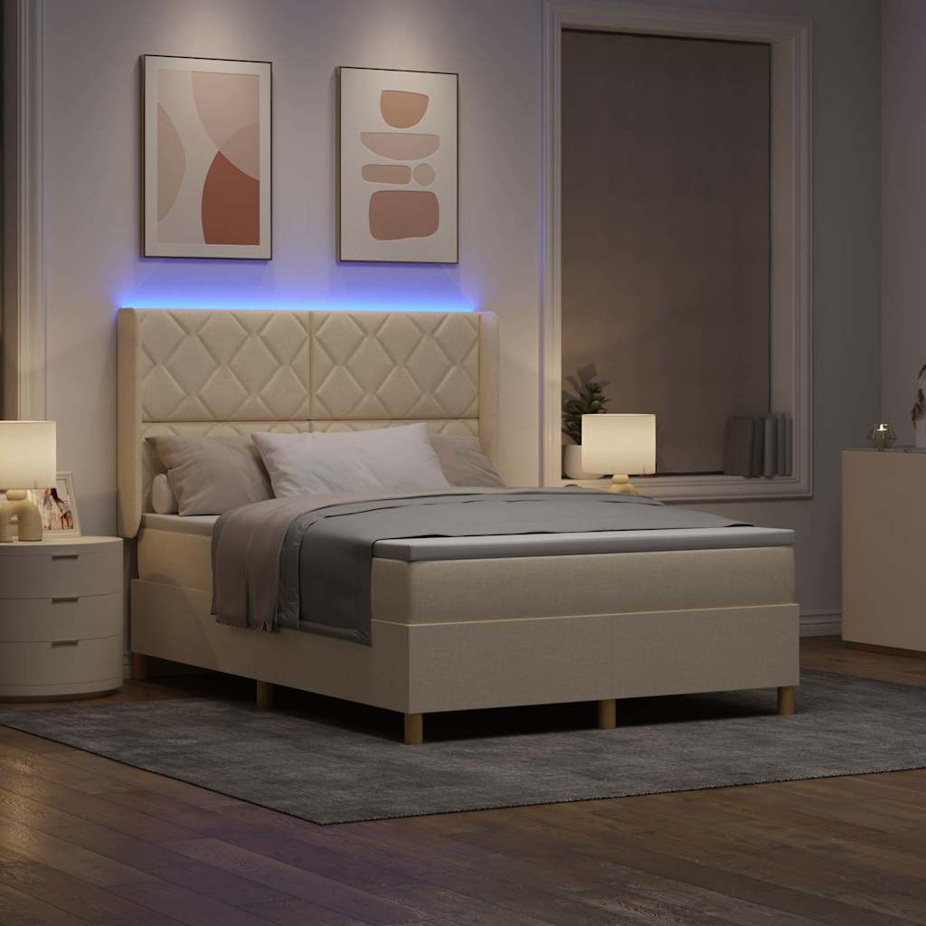 Boxrugós ágy LED szalagokkal Krém 140 x 190 cm szövet