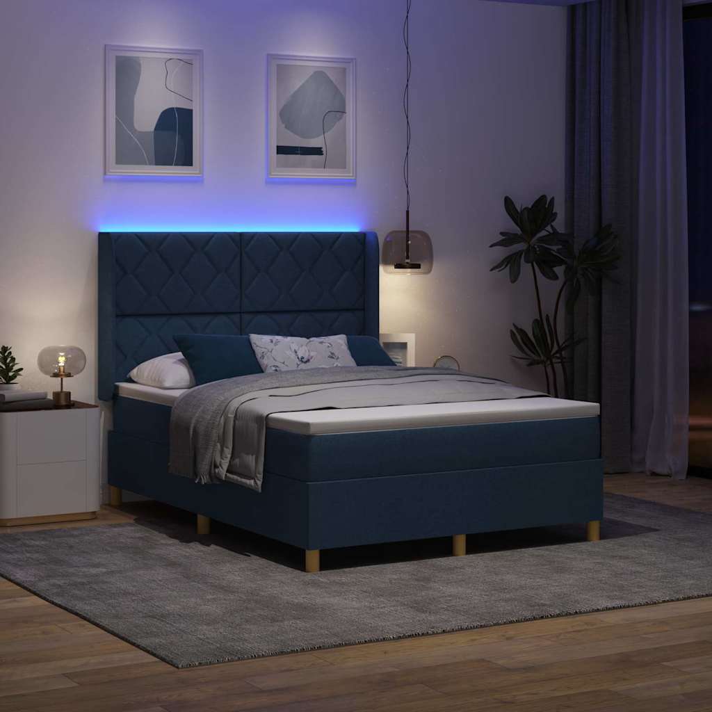 Boxrugós ágy LED szalagokkal Kék 140 x 200 cm szövet